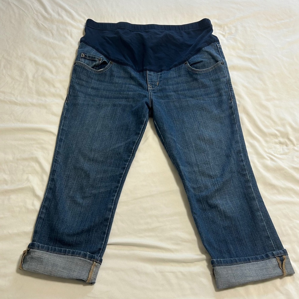 Old Navy Maternity Full Panel Capris Jeans Medium Wash Blue Size 10 Stretch